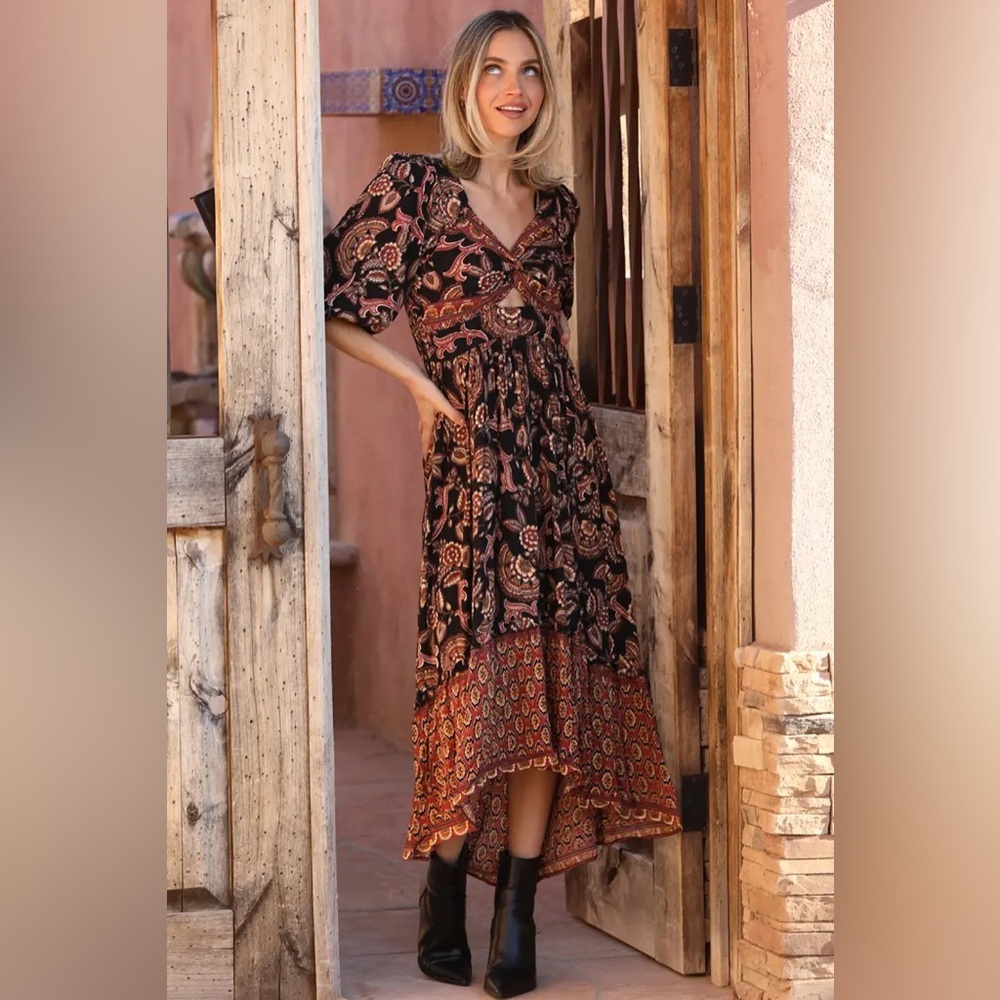 Angie V-neck Twist Front 3/4 Sleeve Boho Maxi Dress With Slit NWT - Picture 4 of 16